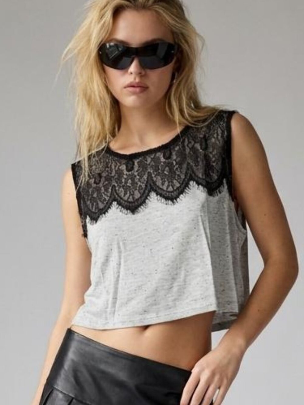 Topshop Grey Heathered Eyelash Lace Overlay Sleeveless Crop Top US 10
